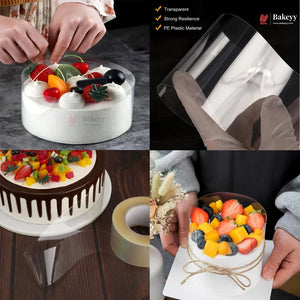 A four-panel collage showing a clear round plastic cake mold in use. The top-left panel shows hands placing fruit on a white frosted cake inside the mold.