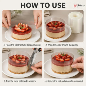 A four-step instructional graphic titled 'HOW TO USE' showing hands demonstrating how to apply a clear pastry collar ring around a cheesecake, trim excess material with scissors, and secure the end. The Bakeey brand logo appears in the top right corner.