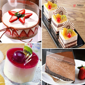 A 2x2 collage showing four dessert products: a strawberry cheesecake in a clear dome, layered fruit-topped cakes on a black tray, a layered dessert with a red fruit topping, and a chocolate cake slice with a clear dome.