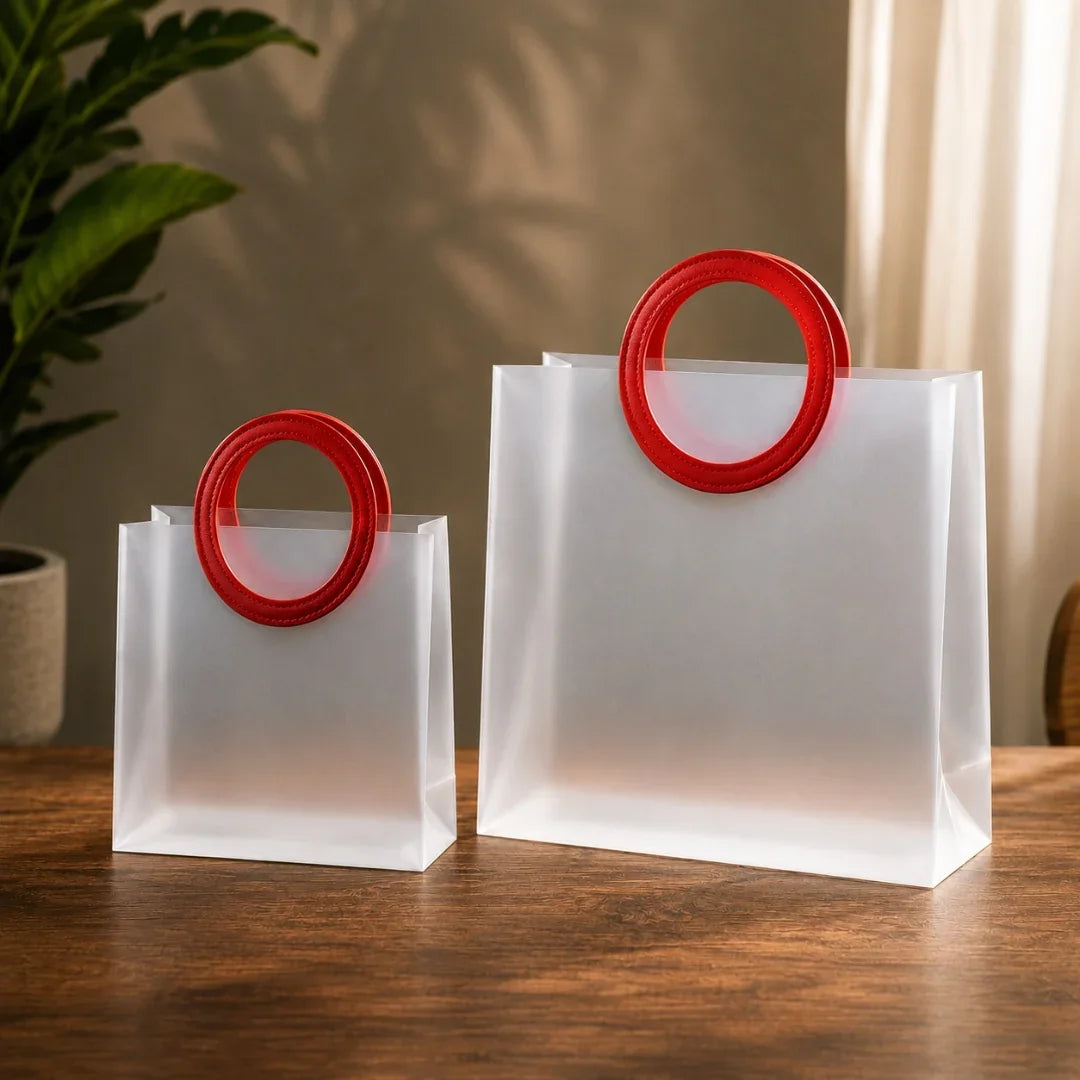 Two white gift bags with red circular handles on a wooden surface.