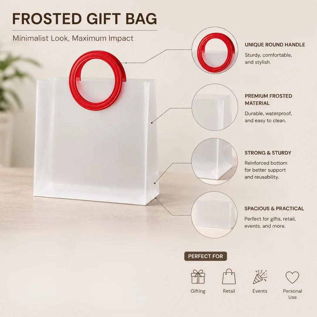 Frosted gift bag with red round handle on a light background