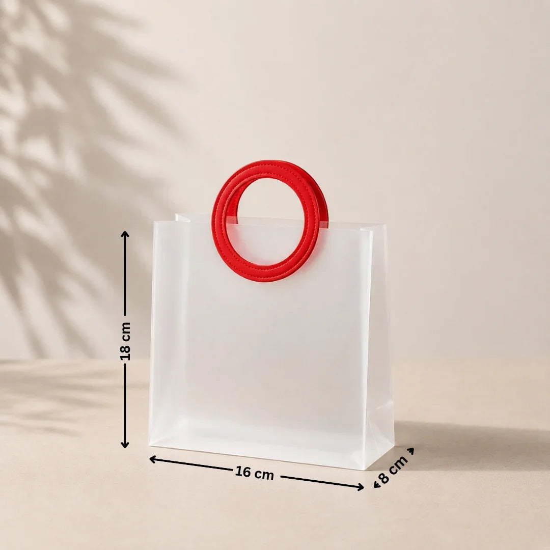 White bag with a red handle and measurements on a beige background
