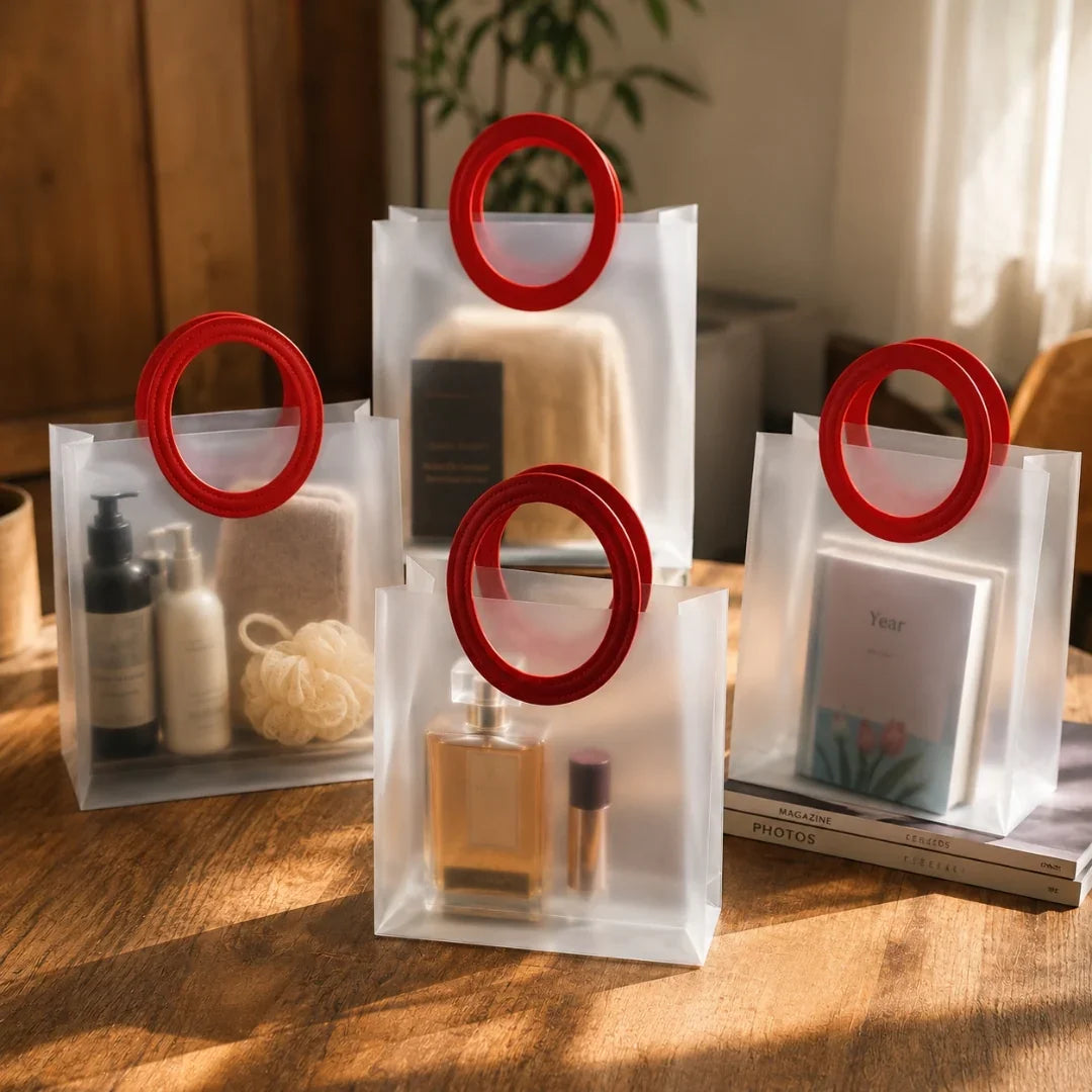 Clear bags with red circular handles on a wooden surface