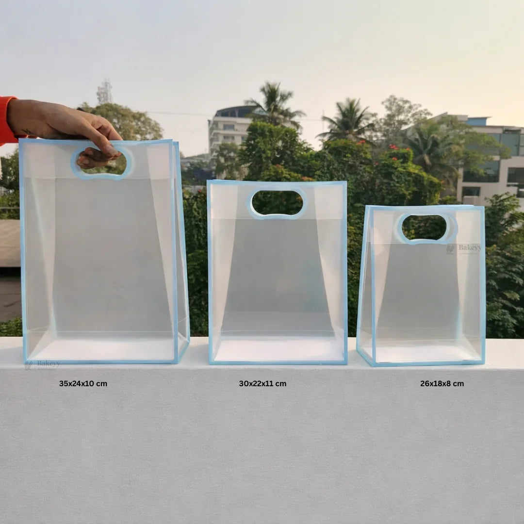 Transparent Gift Bag - Light Blue | Oval‑Cut Handle| Pack Of 12