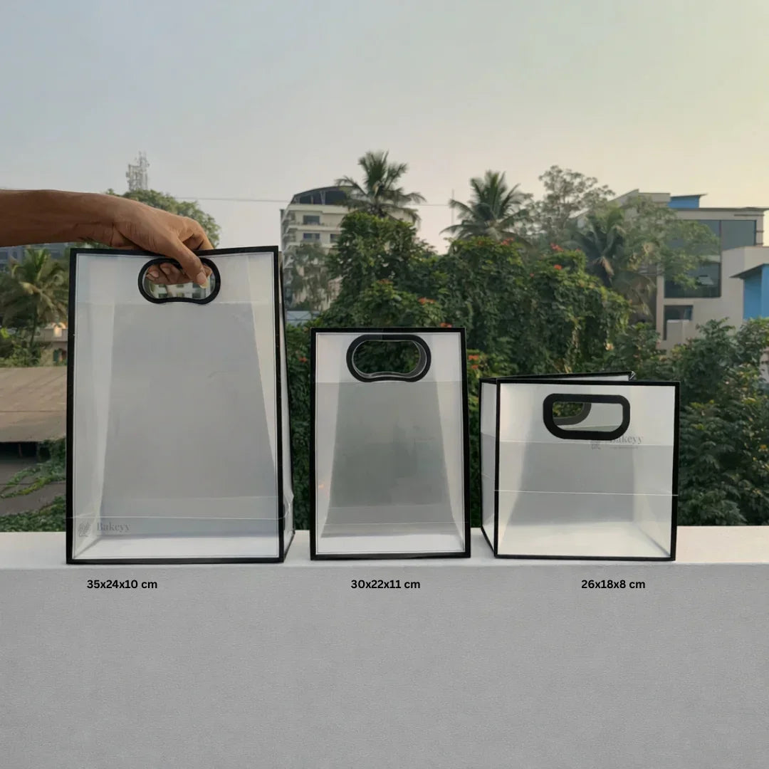 Transparent Gift Bag - Black | Oval‑Cut Handle| Pack Of 12 - Bakeyy.com - India - Transparent Gift Bag - Black | Oval‑Cut Handle| Pack Of 12 - X small 360.00