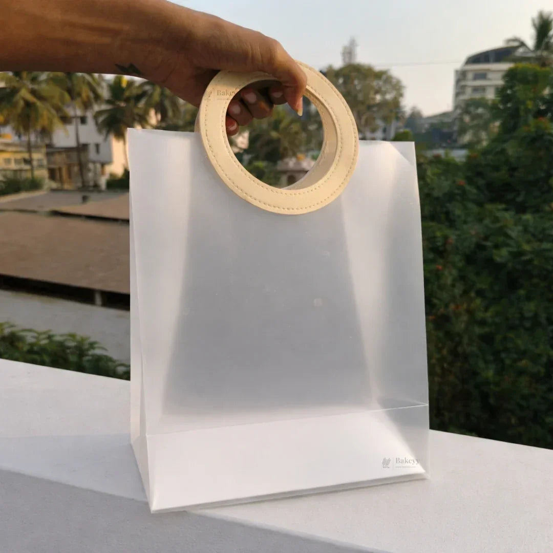 Transparent Bags With Leather Style Beige Colour Handles | Pack of 12 - Bakeyy.com - India - Transparent Bags With Leather Style Beige Colour Handles | Pack of 12 - Small 900.00