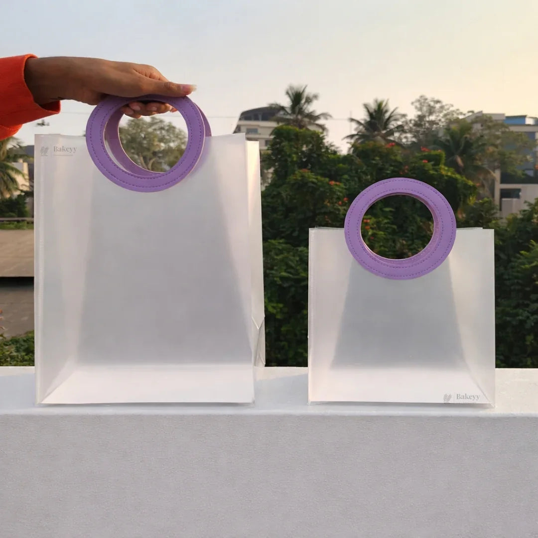 Transparent Bags With Leather Style Lavender Colour Handles | Pack of 12