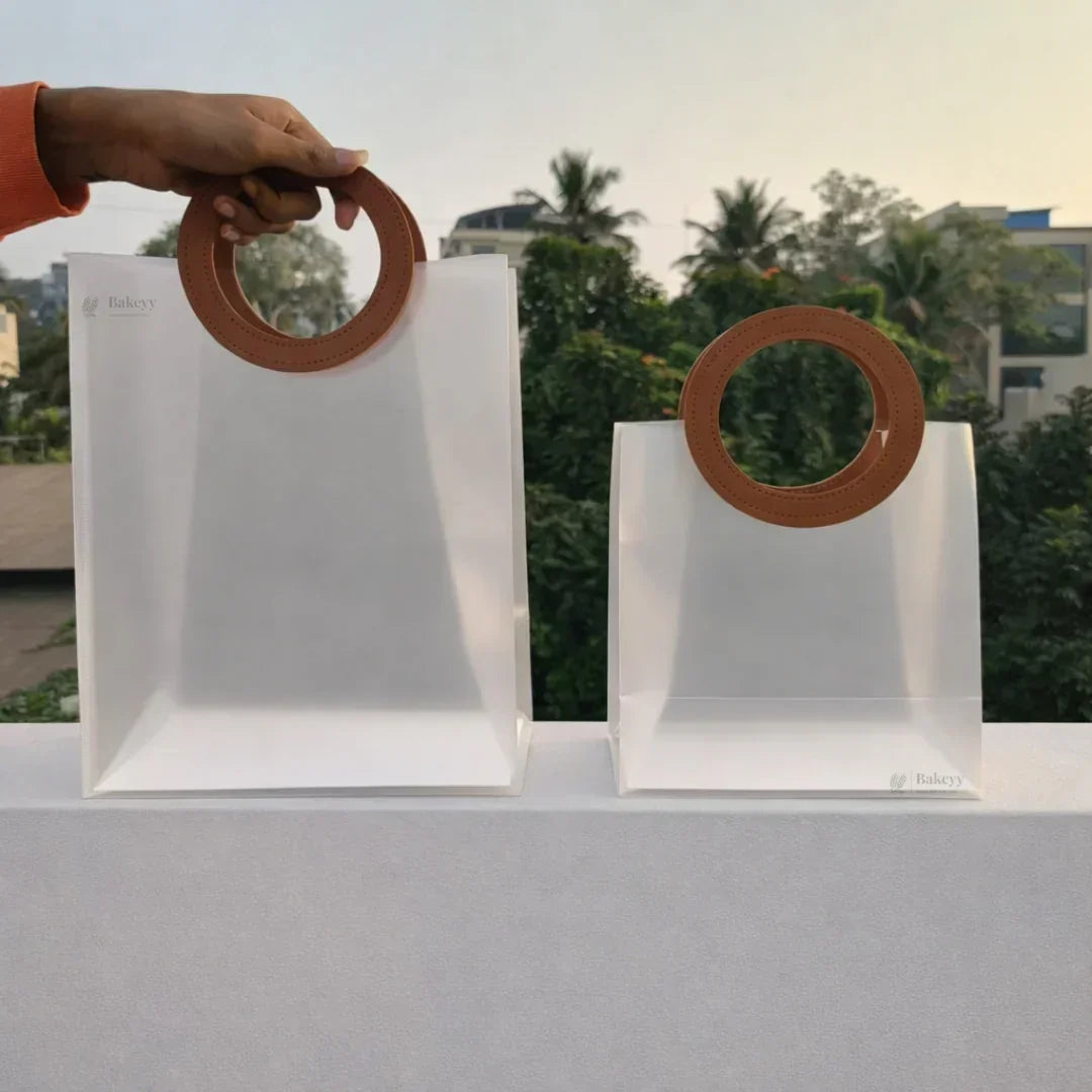 Transparent Bags With Leather Style Brown Colour Handles | Pack of 12 - Bakeyy.com - India - Transparent Bags With Leather Style Brown Colour Handles | Pack of 12 - Small 900.00