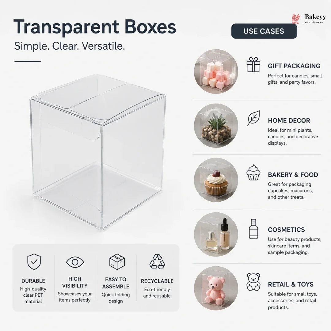 Transparent boxes with use cases for gift packaging, home decor, bakery, food, cosmetics, and retail on a white background.
