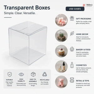 Transparent boxes with use cases for gift packaging, home decor, bakery, food, cosmetics, and retail on a white background.