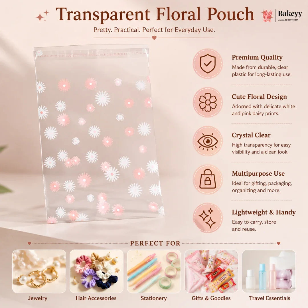 Transparent floral pouch with product features and uses on a beige background