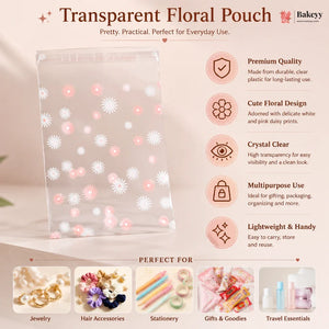Transparent floral pouch with product features and uses on a beige background