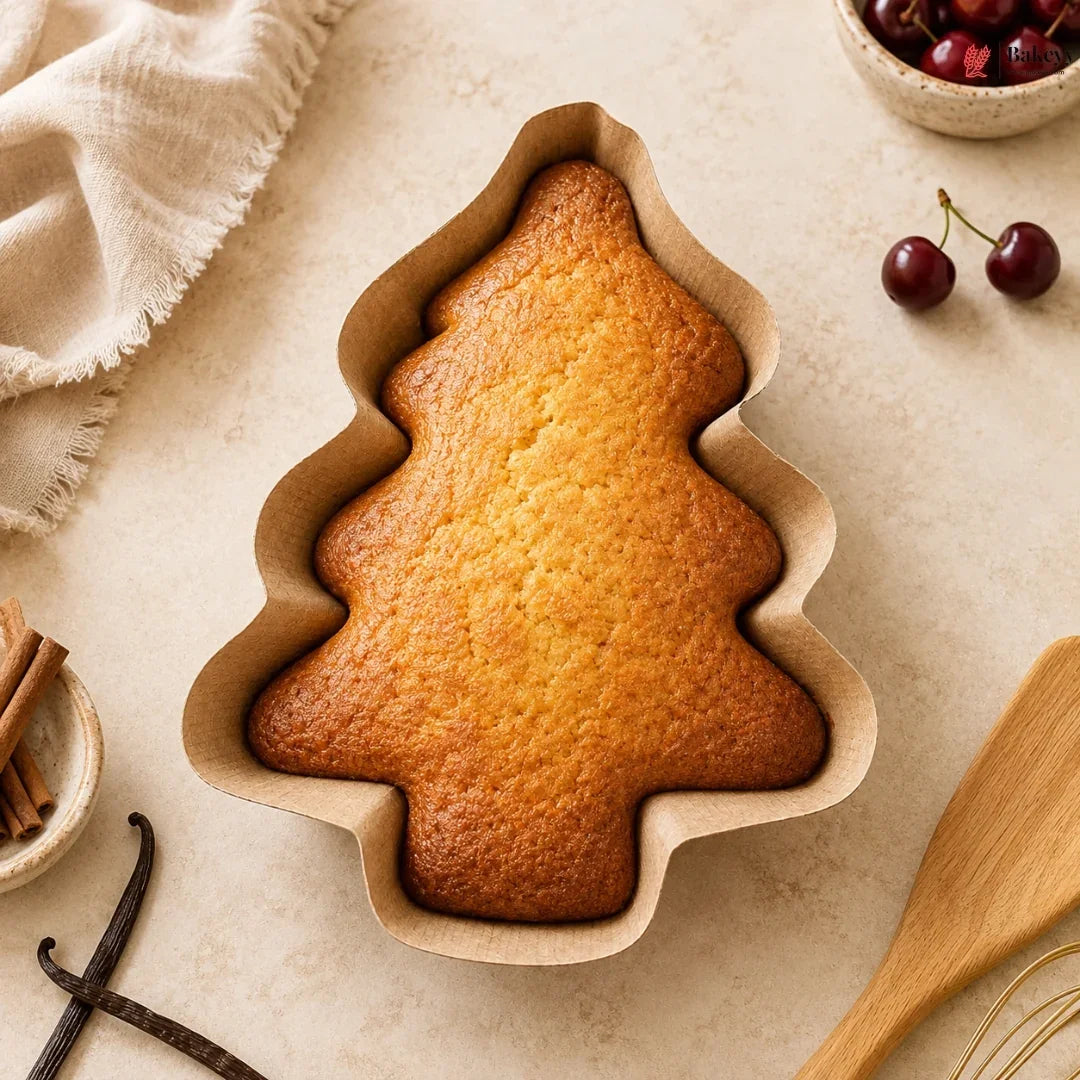 Tree-shaped cake in a mold on a light surface with cherries and a wooden spoon.