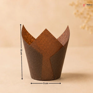 Brown cupcake liner with measurements on a beige background