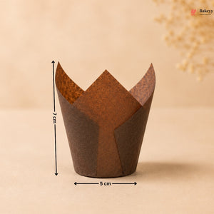 Brown cupcake liner with measurements on a beige background