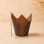 Brown cupcake liner with measurements on a beige background