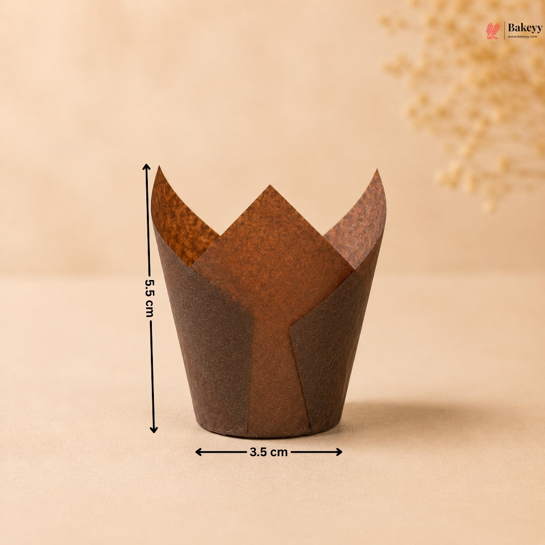 Brown paper cupcake wrapper with measurements on a beige background