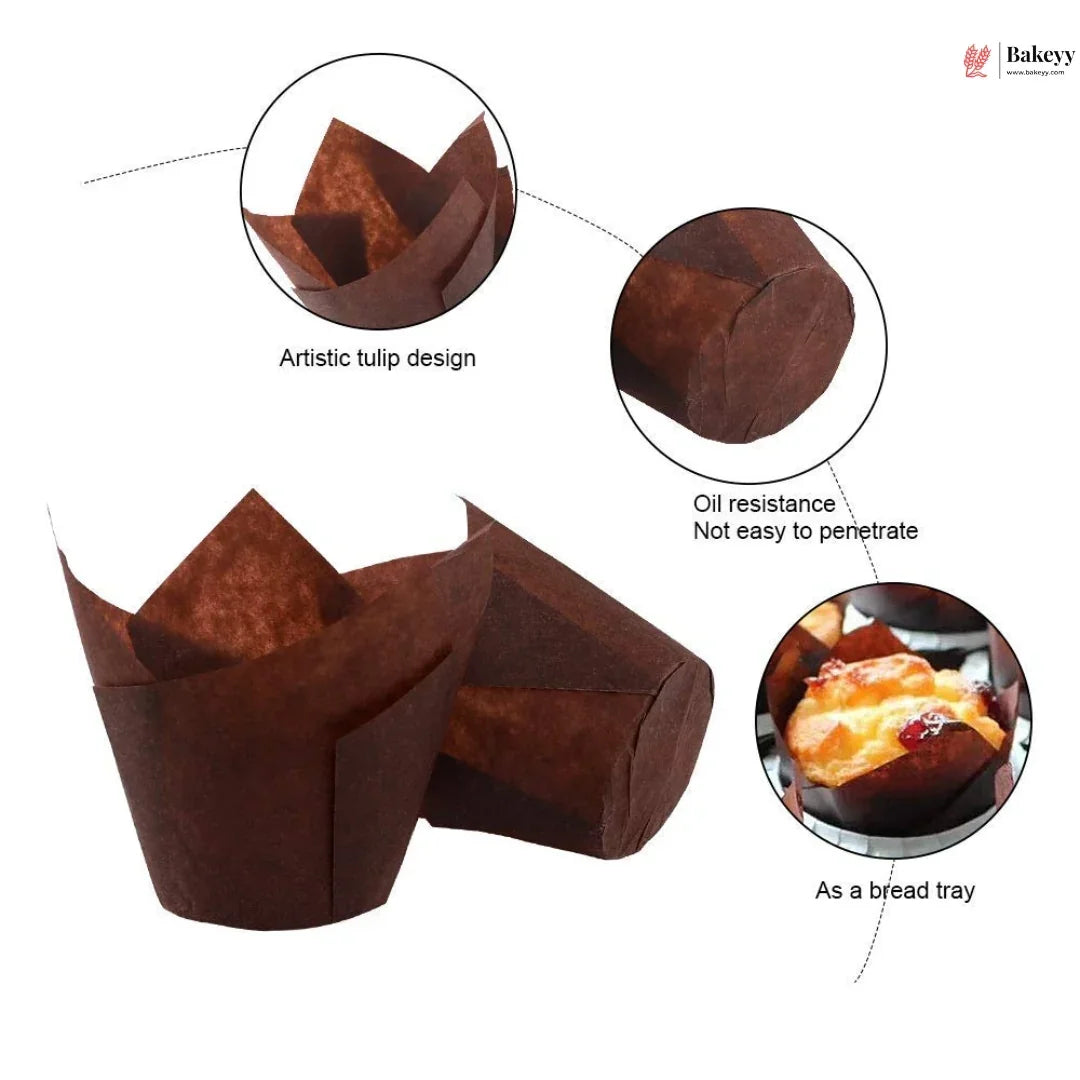 Brown tulip-shaped baking cups with features highlighted on a white background
