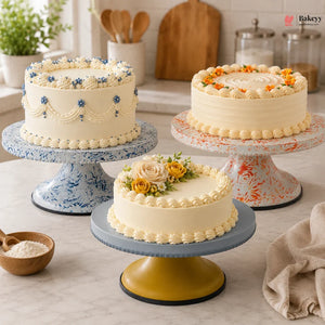 Three decorated cakes on stands in a kitchen setting