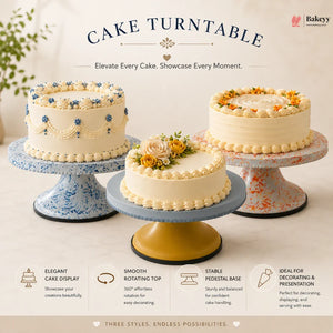 Three decorated cakes on a cake turntable with promotional text and branding.