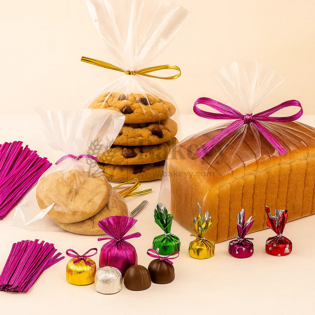 Metallic Ribbon Twist Ties | Shiny Ribbon Twisters for Sweets & Hampers | Pack of 350 - Bakeyy.com - India - Metallic Ribbon Twist Ties | Shiny Ribbon Twisters for Sweets & Hampers | Pack of 350 - Green