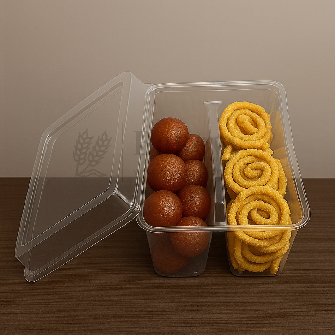 Clear plastic container with round brown items and spiral yellow items on a wooden surface.