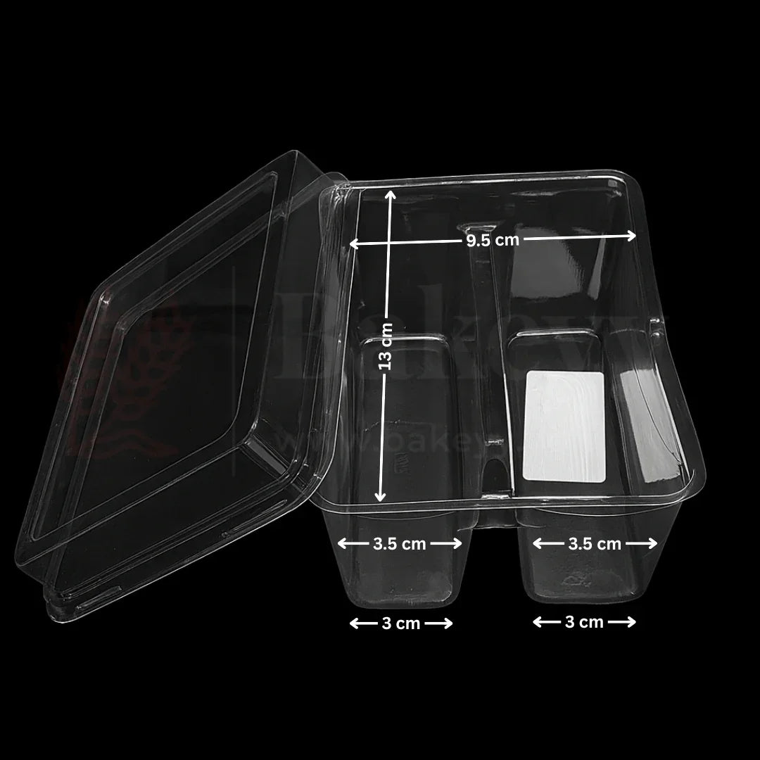 Clear plastic food container with dimensions on a black background