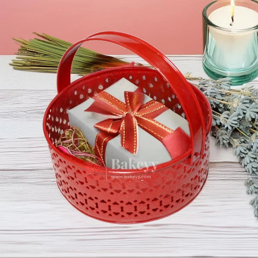 Hamper Basket For Gifting Round | Elegant & Durable Red Metal Hamper Basket with Handle | Red Colour - Bakeyy.com - India - Hamper Basket For Gifting Round | Elegant & Durable Red Metal Hamper Basket with Handle | Red Colour - Default Title