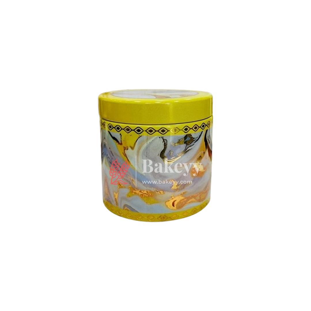 11x7.5cm | Elegant Marble-Print Yellow Storage Jar with Royal Indian Design | Gray and Gold Hexagonal Pattern Storage Jar | Pack of 4 - Bakeyy.com - India - 11x7.5cm | Elegant Marble-Print Yellow Storage Jar with Royal Indian Design | Gray and Gold Hexagonal Pattern Storage Jar | Pack of 4 - Design 1