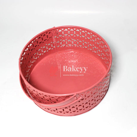 Hamper Basket For Gifting Round | Elegant & Durable Pink Metal Hamper Basket with Handle | Pink Colour - Bakeyy.com - India - Hamper Basket For Gifting Round | Elegant & Durable Pink Metal Hamper Basket with Handle | Pink Colour - Default Title