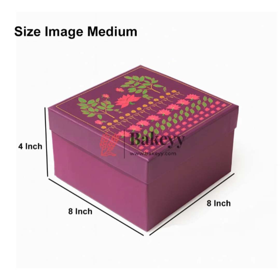 Floral Printed Premium Square Gift Box – Purple | Reusable Rigid Hamper Packaging | Pack Of 1
