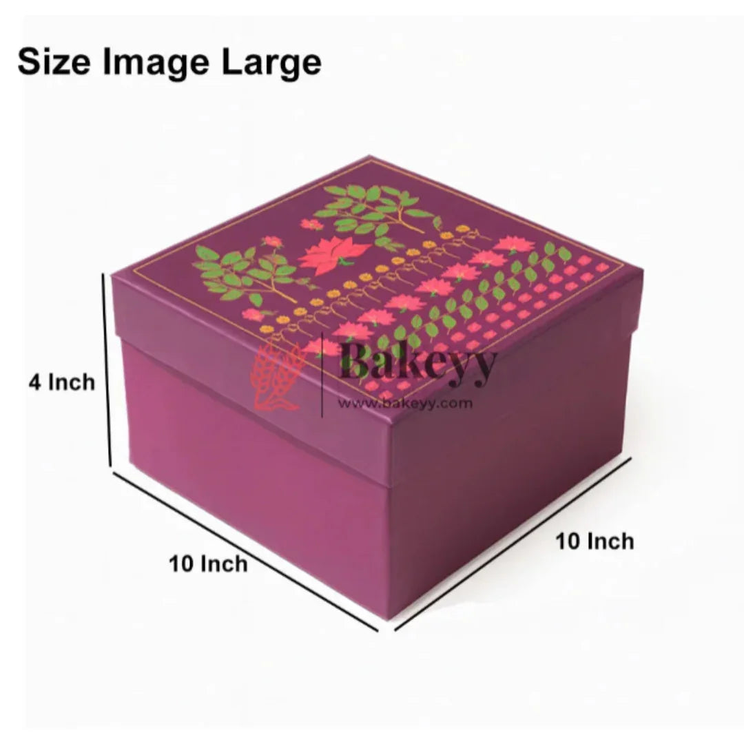 Floral Printed Premium Square Gift Box – Purple | Reusable Rigid Hamper Packaging | Pack Of 1