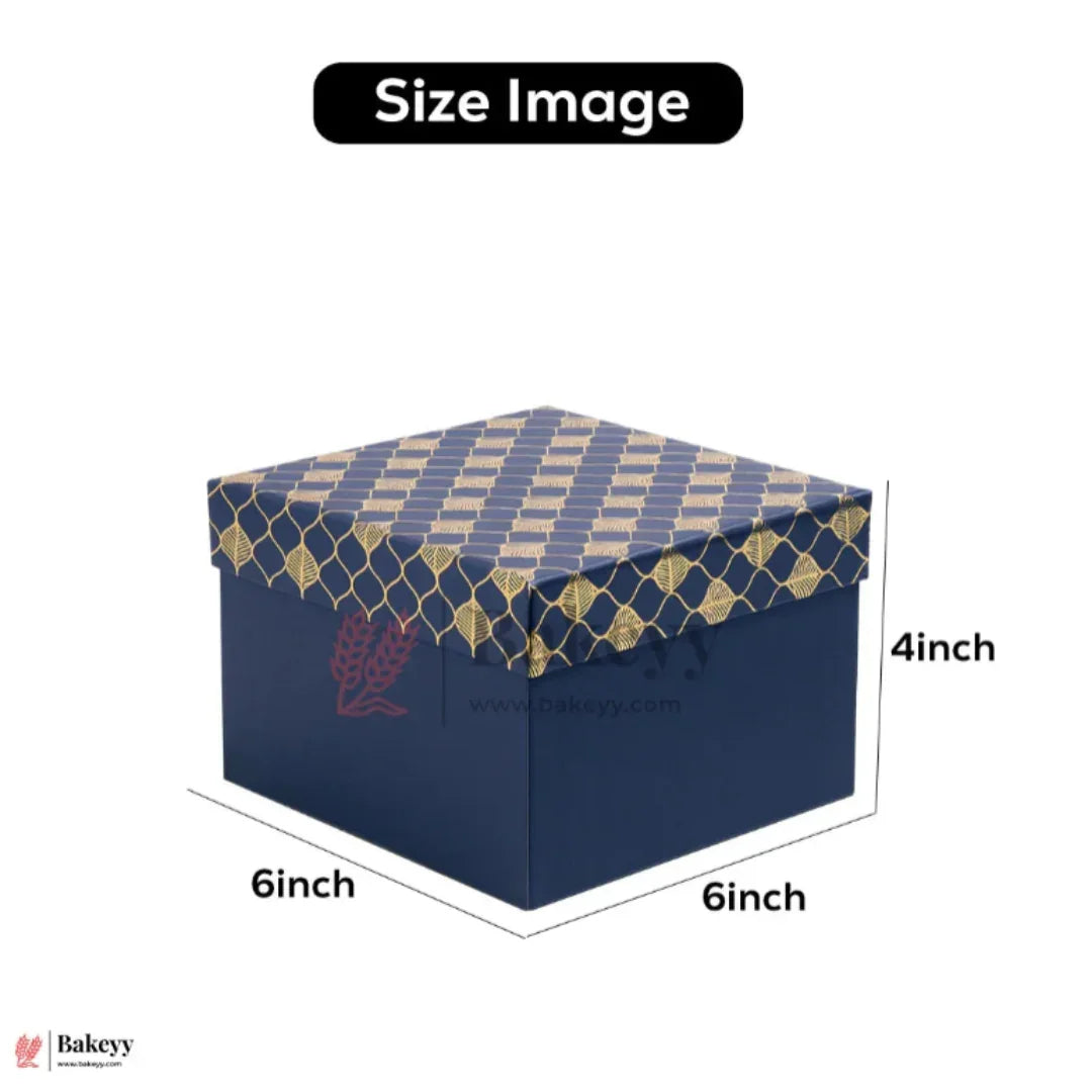 Premium Rigid Hamper Box | Blue with Golden Leaf Print | Pack of 1 - Bakeyy.com - India - Premium Rigid Hamper Box | Blue with Golden Leaf Print | Pack of 1 - 6x6x4 Inch