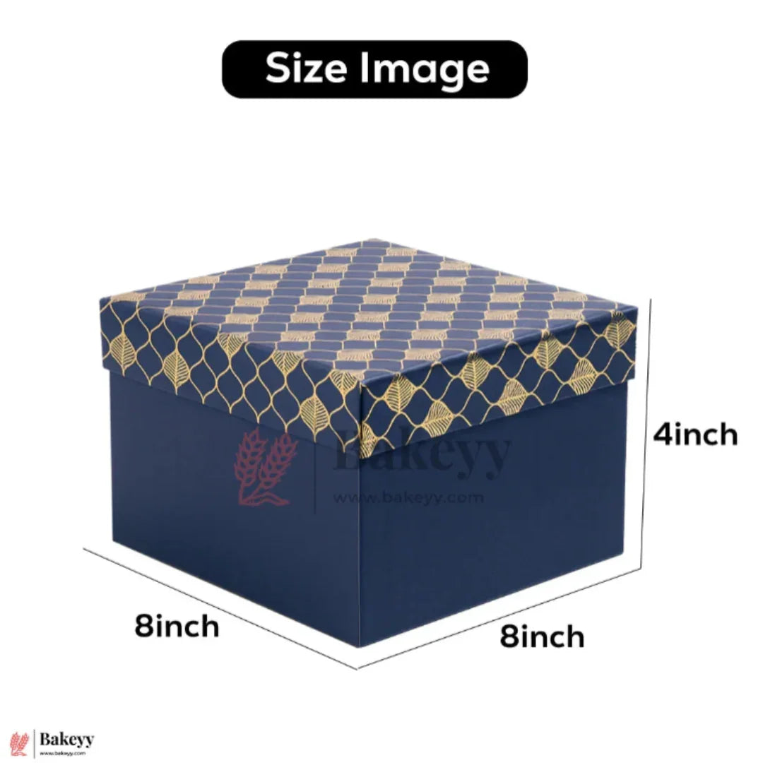 Premium Rigid Hamper Box | Blue with Golden Leaf Print | Pack of 1 - Bakeyy.com - India - Premium Rigid Hamper Box | Blue with Golden Leaf Print | Pack of 1 - 8x8x4 Inch