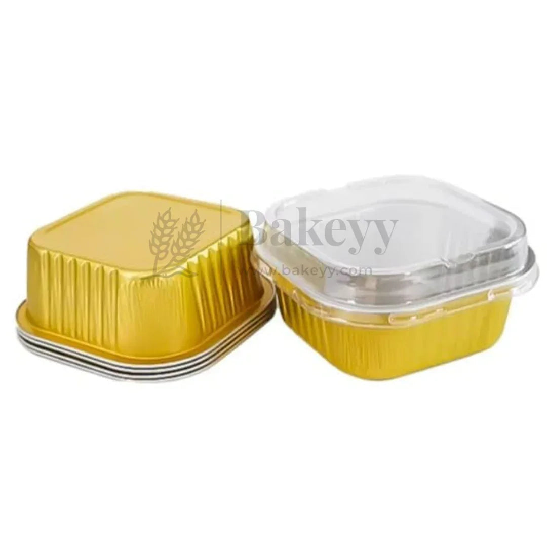 Aluminum Foil Baking Containers with Transparent Lid | Square Tins | Bake N Serve | Pack of 100 - Bakeyy.com - India - Aluminum Foil Baking Containers with Transparent Lid | Square Tins | Bake N Serve | Pack of 100 - Gold / 125 ml