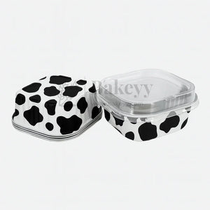 Aluminum Foil Baking Containers with Transparent Lid | Square Tins | Bake N Serve | Pack of 100 - Bakeyy.com - India - Aluminum Foil Baking Containers with Transparent Lid | Square Tins | Bake N Serve | Pack of 100 - Cow Print / 125 ml