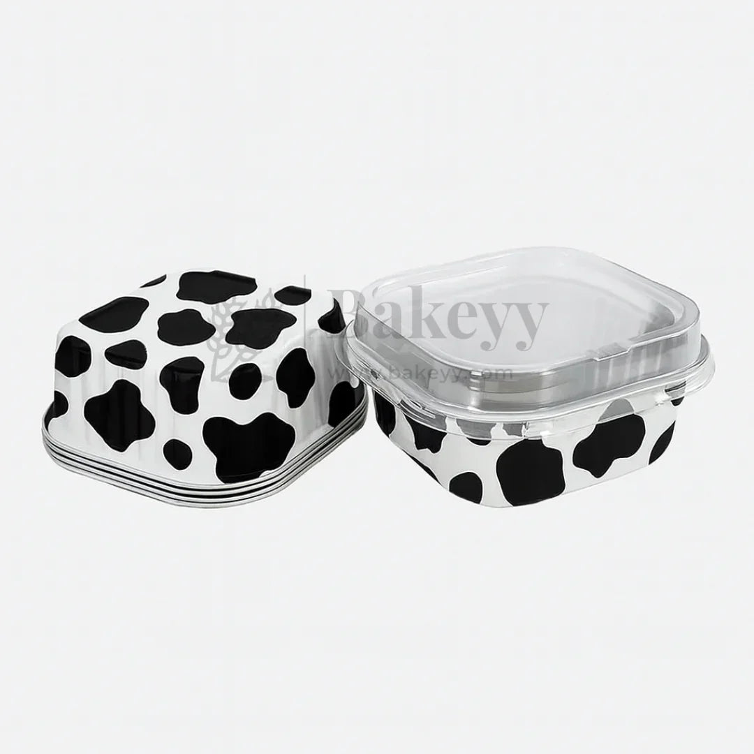 Aluminum Foil Baking Containers with Transparent Lid | Square Tins | Bake N Serve | Pack of 100 - Bakeyy.com - India - Aluminum Foil Baking Containers with Transparent Lid | Square Tins | Bake N Serve | Pack of 100 - Cow Print / 125 ml