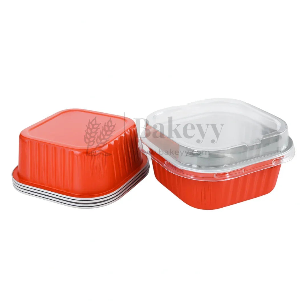 Aluminum Foil Baking Containers with Transparent Lid | Square Tins | Bake N Serve | Pack of 100 - Bakeyy.com - India - Aluminum Foil Baking Containers with Transparent Lid | Square Tins | Bake N Serve | Pack of 100 - Red / 125 ml