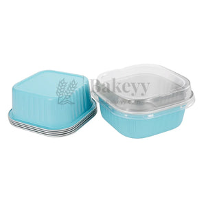 Aluminum Foil Baking Containers with Transparent Lid | Square Tins | Bake N Serve | Pack of 100 - Bakeyy.com - India - Aluminum Foil Baking Containers with Transparent Lid | Square Tins | Bake N Serve | Pack of 100 - Blue / 125 ml