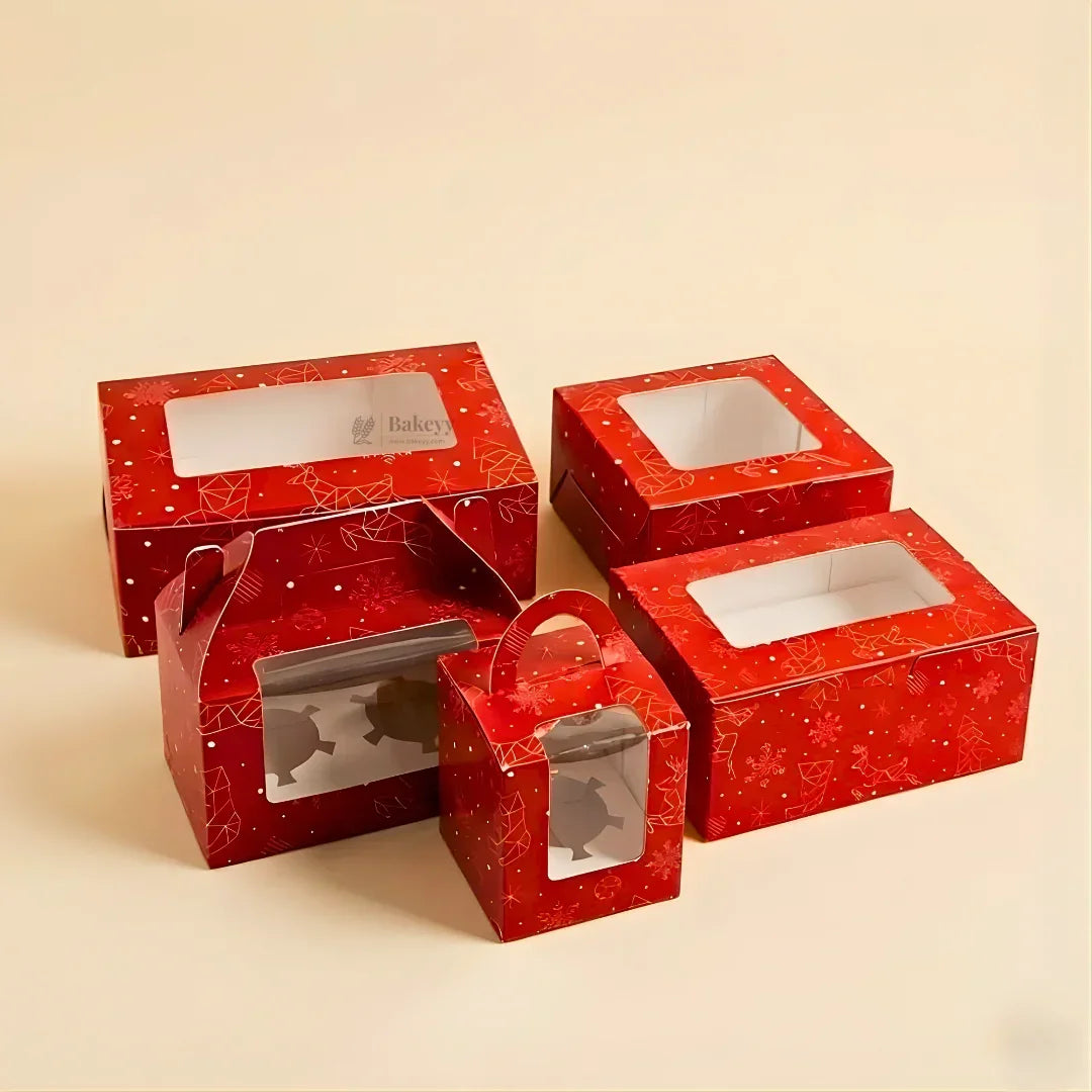Christmas Cupcake Box with Window | Red Festive Design | Festive Cupcake Box | Pack of 10 - Bakeyy.com - India - Christmas Cupcake Box with Window | Red Festive Design | Festive Cupcake Box | Pack of 10 - 1 Cupcake / With Handle 150.00