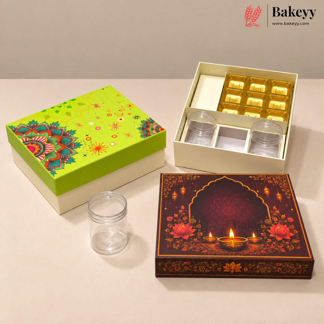 A set of decorative gift boxes and clear plastic jars from Bakeyy, displayed on a neutral beige surface. The set includes a lime green box with a colorful mandala pattern, an open cream-colored box containing gold-wrapped chocolates and two clear jars, and a dark red/brown box with a diya (oil lamp) arch design and floral accents.