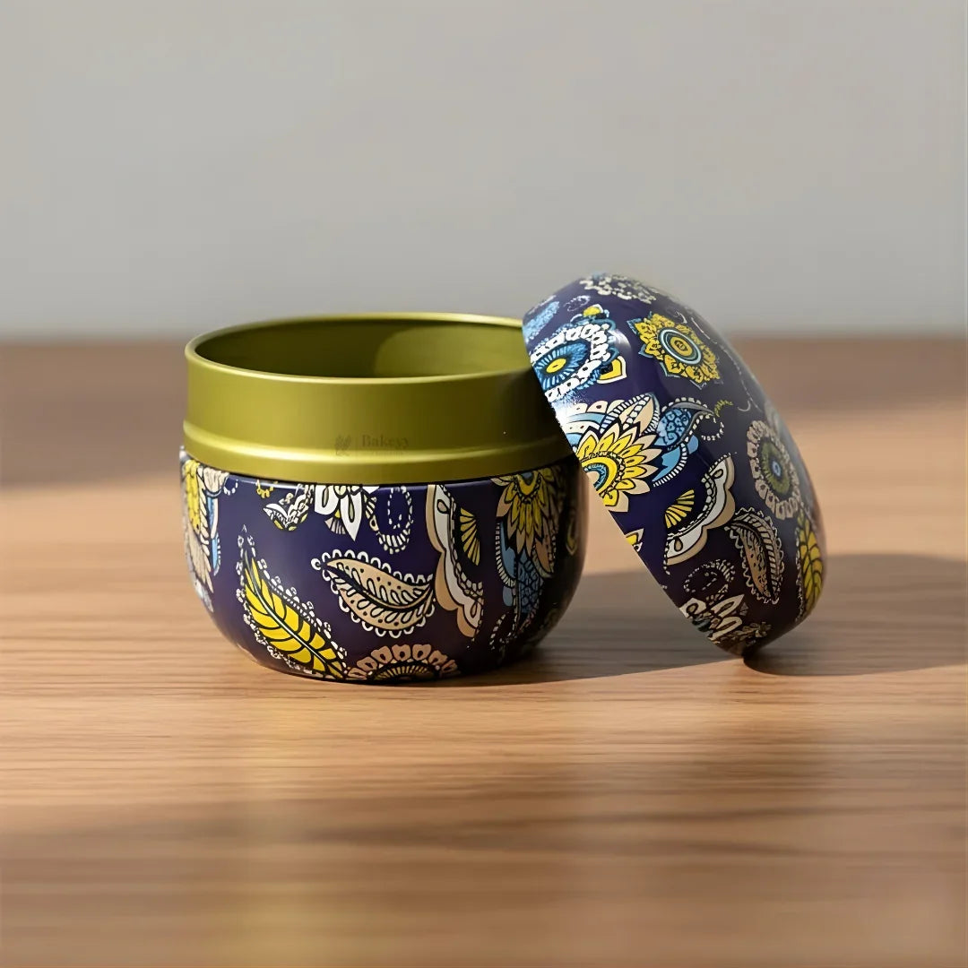 Decorative round gift tin with floral pattern from Bakeyy for hamper making and packaging