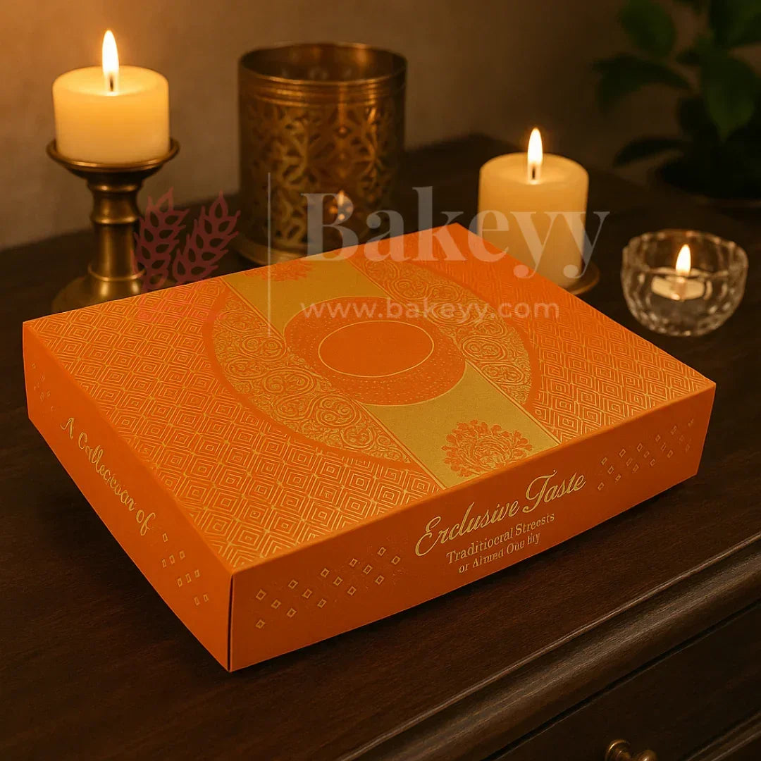 One Kg Sweet Box | Elegant Orange sweet and chocolate box with Golden tray | Pack of 10 - Bakeyy.com - India - One Kg Sweet Box | Elegant Orange sweet and chocolate box with Golden tray | Pack of 10 - Default Title
