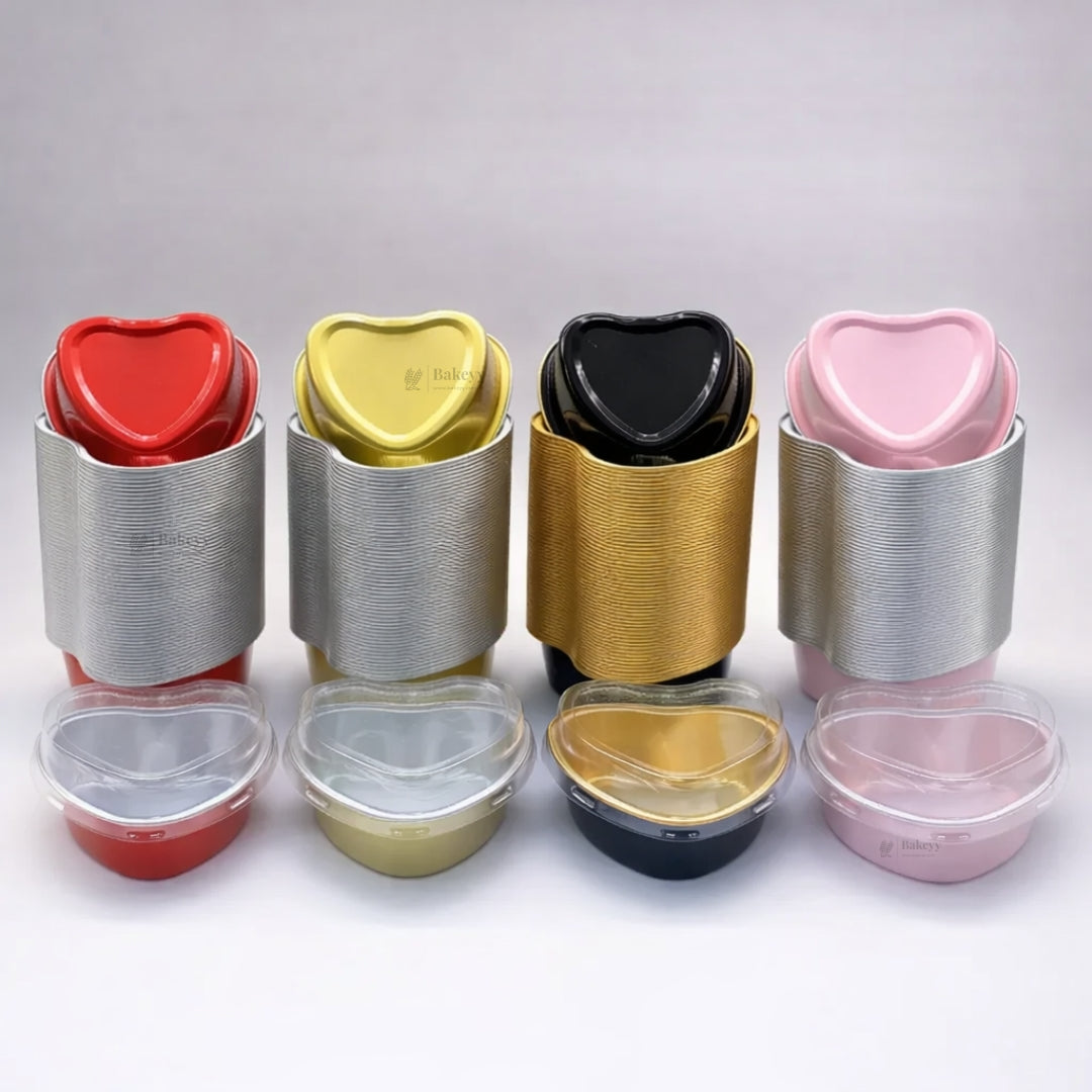 100 ml | Aluminum Foil Baking Containers with Transparent Lid | Heart Tins | Bake N Serve | Pack of 100