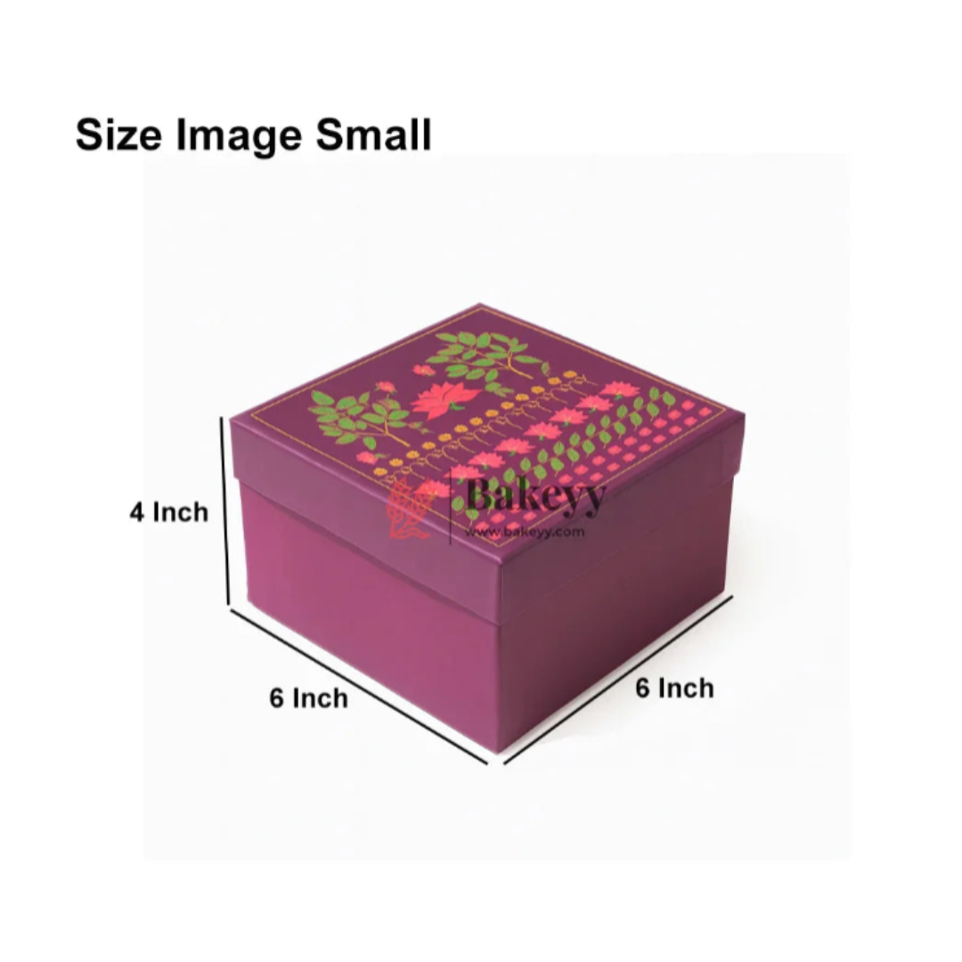 Floral Printed Premium Square Gift Box – Purple | Reusable Rigid Hamper Packaging | Pack Of 1