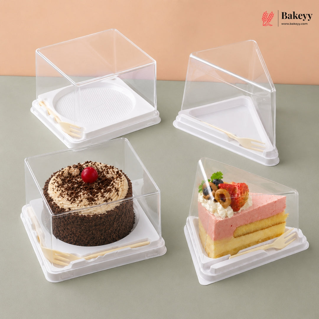 White Base Plastic Pastry Box with Transparent Lid & Spoon | Pack of 50