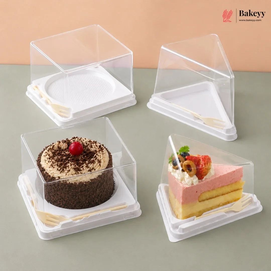 White Base Plastic Pastry Box with Transparent Lid & Spoon | Pack of 50