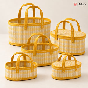 Oval Wooden Gift Basket | Yellow & Beige Color | Woven Basket with Rigid Handle | 3 Sizes Available | Pack of 1