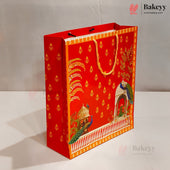 Decorative Indian Heritage Design Paper Gift Bag with Handle | Red & Orange | Pack of 10