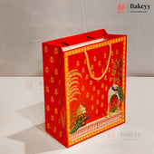 Decorative Indian Heritage Design Paper Gift Bag with Handle | Red & Orange | Pack of 10